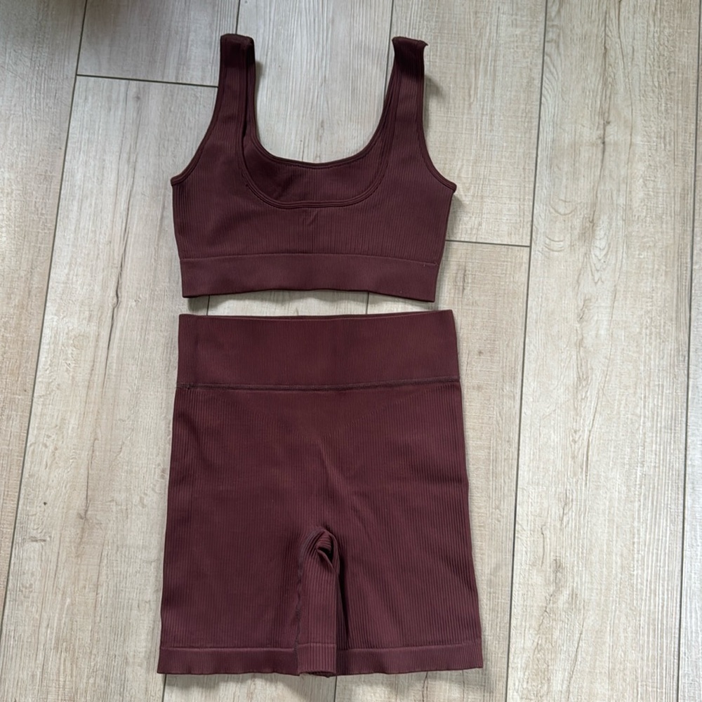Women's milk chocolatey-brown Ribbed Shorts and matching bra top
